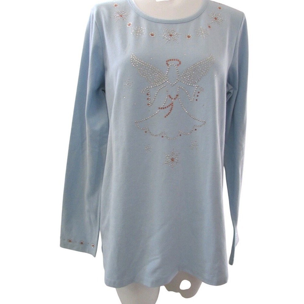 Quacker Factory Light Blue Rhinestone Angel Snowflake Long Sleeve Top Large